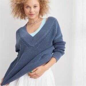 Aerie 100% cotton oversized V-neck pullover sweater chunky knit dusty blue
